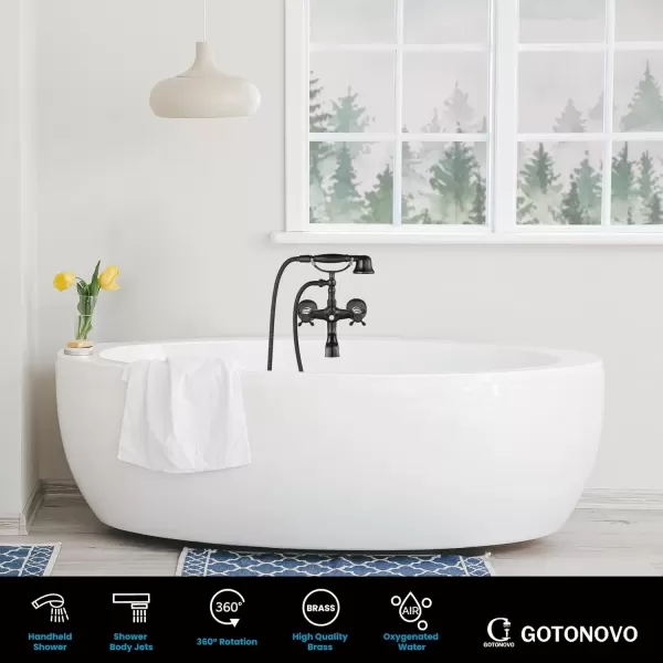 imagegotonovo Wall Mount Clawfoot Bathtub Faucet with HandHeld Spray and 360 Double Cross Handle Swivel Spout Vintage Tub Shower Faucet Set with Adapter Adjustable Swing Arms Brushed NickelOil Rubbed Bronze
