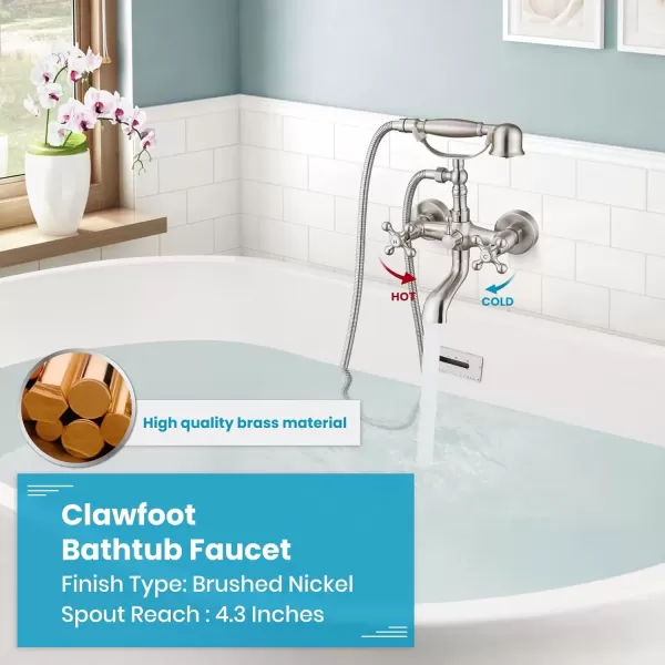 imagegotonovo Wall Mount Clawfoot Bathtub Faucet with HandHeld Spray and 360 Double Cross Handle Swivel Spout Vintage Tub Shower Faucet Set with Adapter Adjustable Swing Arms Brushed NickelBrushed Nickel
