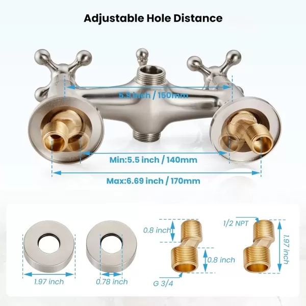 imagegotonovo Wall Mount Clawfoot Bathtub Faucet with HandHeld Spray and 360 Double Cross Handle Swivel Spout Vintage Tub Shower Faucet Set with Adapter Adjustable Swing Arms Brushed NickelBrushed Nickel