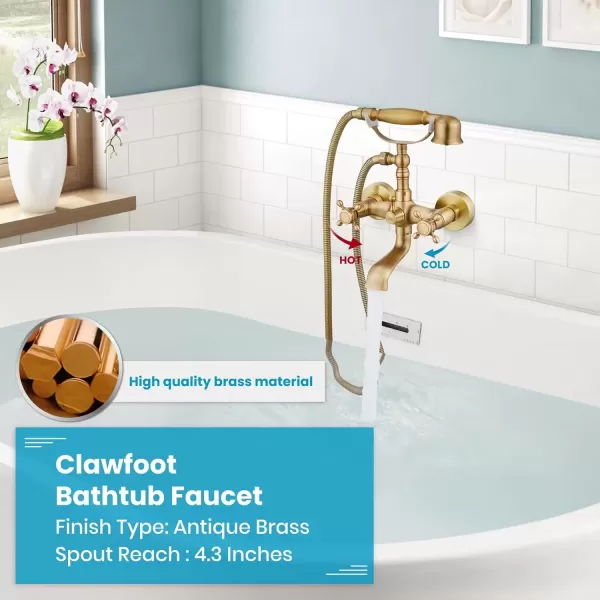 imagegotonovo Wall Mount Clawfoot Bathtub Faucet with HandHeld Spray and 360 Double Cross Handle Swivel Spout Vintage Tub Shower Faucet Set with Adapter Adjustable Swing Arms Brushed NickelAntique Brass