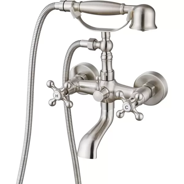 imagegotonovo Wall Mount Clawfoot Bathtub Faucet with HandHeld Spray and 360 Double Cross Handle Swivel Spout Vintage Tub Shower Faucet Set with Adapter Adjustable Swing Arms Brushed NickelBrushed Nickel