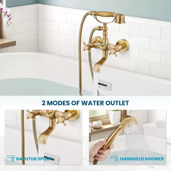 imagegotonovo Wall Mount Clawfoot Bathtub Faucet with HandHeld Spray and 360 Double Cross Handle Swivel Spout Vintage Tub Shower Faucet Set with Adapter Adjustable Swing Arms Brushed NickelAntique Brass