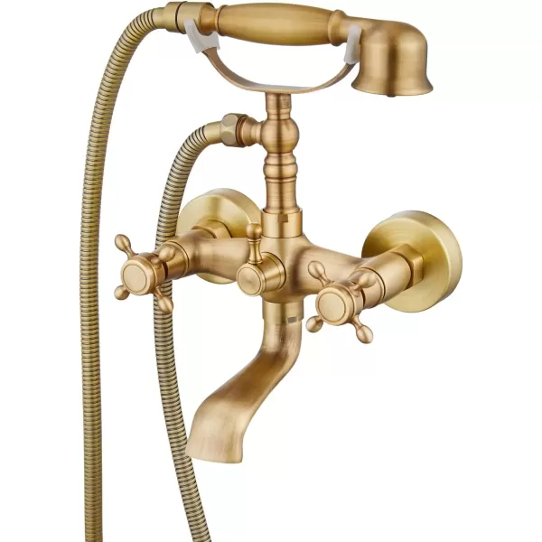 imagegotonovo Wall Mount Clawfoot Bathtub Faucet with HandHeld Spray and 360 Double Cross Handle Swivel Spout Vintage Tub Shower Faucet Set with Adapter Adjustable Swing Arms Brushed NickelAntique Brass