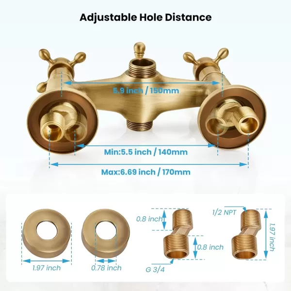 imagegotonovo Wall Mount Clawfoot Bathtub Faucet with HandHeld Spray and 360 Double Cross Handle Swivel Spout Vintage Tub Shower Faucet Set with Adapter Adjustable Swing Arms Brushed NickelAntique Brass