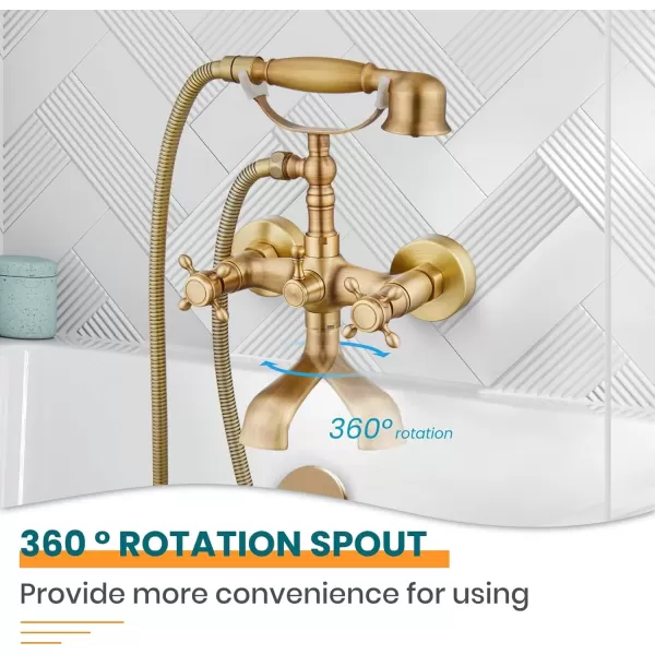 imagegotonovo Wall Mount Clawfoot Bathtub Faucet with HandHeld Spray and 360 Double Cross Handle Swivel Spout Vintage Tub Shower Faucet Set with Adapter Adjustable Swing Arms Brushed NickelAntique Brass