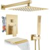 imagegotonovo Rain Shower Faucet System Set Rainfall Shower Head with Handheld Sprayer Waterfall Tub Spout Wall Mounted Mixer Combo Roughin Valve and Trim Included 12 Inch Polished ChromeBrushed Gold