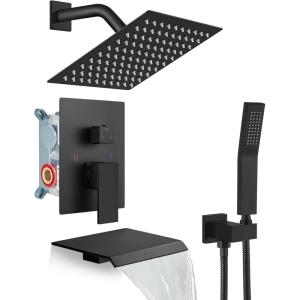 imagegotonovo Rain Shower Faucet System Set Rainfall Shower Head with Handheld Sprayer Waterfall Tub Spout Wall Mounted Mixer Combo Roughin Valve and Trim Included 12 Inch Polished ChromeMatte Black