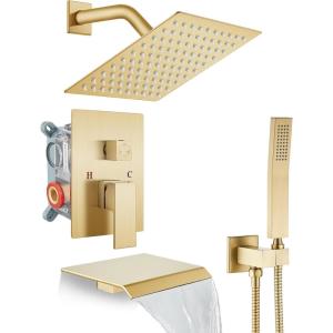 imagegotonovo Rain Shower Faucet System Set Rainfall Shower Head with Handheld Sprayer Waterfall Tub Spout Wall Mounted Mixer Combo Roughin Valve and Trim Included 12 Inch Polished ChromeBrushed Gold