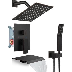 imagegotonovo Rain Shower Faucet System Set Rainfall Shower Head with Handheld Sprayer Waterfall Tub Spout Wall Mounted Mixer Combo Roughin Valve and Trim Included 12 Inch Polished ChromeOil Rubbed Bronze