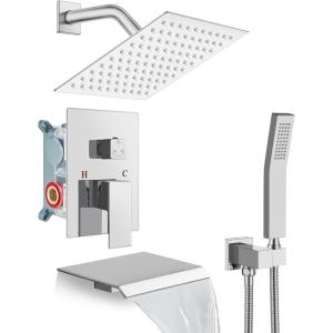imagegotonovo Rain Shower Faucet System Set Rainfall Shower Head with Handheld Sprayer Waterfall Tub Spout Wall Mounted Mixer Combo Roughin Valve and Trim Included 12 Inch Polished ChromePolished Chrome