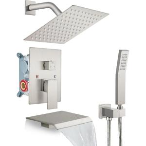 imagegotonovo Rain Shower Faucet System Set Rainfall Shower Head with Handheld Sprayer Waterfall Tub Spout Wall Mounted Mixer Combo Roughin Valve and Trim Included 12 Inch Polished ChromeBrushed Nickel