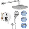 imagegotonovo Shower Trim Kit 10 Inch Round Rainfall Shower Head 3 Modes Wall Mounted with 6Functions ABS Handheld Spray Shower System Pressure Balanced Roughin Valve and Trim Included Polished Chrome