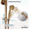 imagegotonovo Exposed Bathroom Shower Faucet Wall Mounted Outdoor Shower System 8 Inch Shower Head and Tub Spout Double Cross Handles Adjustable Handheld Sprayer with Shower Shelf Brushed NickelAntique Brass
