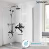 imagegotonovo Exposed Bathroom Shower Faucet Wall Mounted Outdoor Shower System 8 Inch Shower Head and Tub Spout Double Cross Handles Adjustable Handheld Sprayer with Shower Shelf Brushed NickelMatte Black