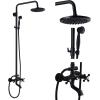 imagegotonovo Exposed Bathroom Shower Faucet Wall Mounted Outdoor Shower System 8 Inch Shower Head and Tub Spout Double Cross Handles Adjustable Handheld Sprayer with Shower Shelf Brushed NickelMatte Black