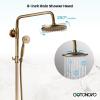 imagegotonovo Exposed Bathroom Shower Faucet Wall Mounted Outdoor Shower System 8 Inch Shower Head and Tub Spout Double Cross Handles Adjustable Handheld Sprayer with Shower Shelf Brushed NickelAntique Brass