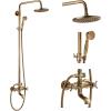imagegotonovo Exposed Bathroom Shower Faucet Wall Mounted Outdoor Shower System 8 Inch Shower Head and Tub Spout Double Cross Handles Adjustable Handheld Sprayer with Shower Shelf Brushed NickelAntique Brass