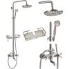 imagegotonovo Exposed Bathroom Shower Faucet Wall Mounted Outdoor Shower System 8 Inch Shower Head and Tub Spout Double Cross Handles Adjustable Handheld Sprayer with Shower Shelf Brushed NickelBrushed Nickel