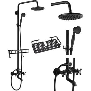 imagegotonovo Exposed Bathroom Shower Faucet Wall Mounted Outdoor Shower System 8 Inch Shower Head and Tub Spout Double Cross Handles Adjustable Handheld Sprayer with Shower Shelf Brushed NickelMatte Black
