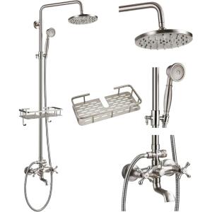 imagegotonovo Exposed Bathroom Shower Faucet Wall Mounted Outdoor Shower System 8 Inch Shower Head and Tub Spout Double Cross Handles Adjustable Handheld Sprayer with Shower Shelf Brushed NickelBrushed Nickel