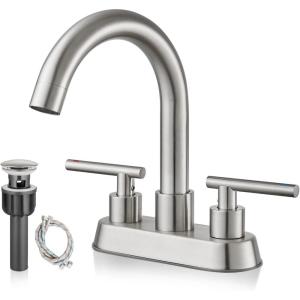 imagegotonovo 4 Inch Centerset Modern Bathroom Sink Faucet 2 Hole Brushed Nickel Swivel Spout 2Handle Deck Mounted Lavatory Faucet with Water Supply Lines and Pop Up Drain
