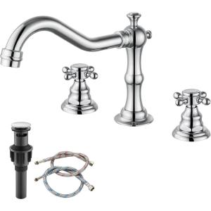 imagegotonovo 3 Hole Widespread Bathroom Sink Faucet Double Cross Handle Mixer Tap Faucet for Bathroom Sink Vanity Faucet Deck Mount Basin Hot Cold Water Matching Pop Up Drain Oil Rubbed BronzePolished Chrome