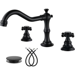 imagegotonovo 3 Hole Widespread Bathroom Sink Faucet Double Cross Handle Mixer Tap Faucet for Bathroom Sink Vanity Faucet Deck Mount Basin Hot Cold Water Matching Pop Up Drain Oil Rubbed BronzeMatte Black