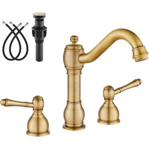 imagegotonovo 8 Inch Widespread Bathroom Faucets for Sink 3 Hole 2 Lever Handle Deck Mount with Pop Up Drain Hot and Cold Water Supply Lines Polish ChromeAntique Brass