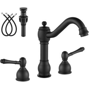 imagegotonovo 8 Inch Widespread Bathroom Faucets for Sink 3 Hole 2 Lever Handle Deck Mount with Pop Up Drain Hot and Cold Water Supply Lines Polish ChromeMatte Black