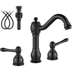 imagegotonovo 8 Inch Widespread Bathroom Faucets for Sink 3 Hole 2 Lever Handle Deck Mount with Pop Up Drain Hot and Cold Water Supply Lines Polish ChromeOil Rubbed Bronze