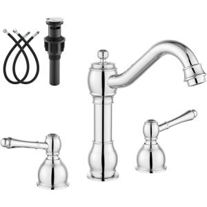 imagegotonovo 8 Inch Widespread Bathroom Faucets for Sink 3 Hole 2 Lever Handle Deck Mount with Pop Up Drain Hot and Cold Water Supply Lines Polish ChromePolish Chrome