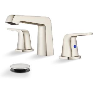 imagegotonovo Bathroom Sink Faucet 3 Holes 2 Handles Widespread 8 Inch Bath Faucet with Pop Up Drain Hot Cold Water Supply Lines Lavatory Vanity Faucet Set Thin 7 Head Brushed NickelBrushed Nickel
