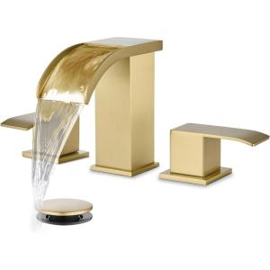 imagegotonovo Waterfall Bathroom Sink Faucet 3 Hole8 inch Widespread Bathroom Faucet Set Deck Mount 2 Handle Vanity Lavatory Faucet with Pop Up Drain and Water Supply Lines Square Body Brushed NickelBrushed Gold