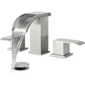 imagegotonovo Waterfall Bathroom Sink Faucet 3 Hole8 inch Widespread Bathroom Faucet Set Deck Mount 2 Handle Vanity Lavatory Faucet with Pop Up Drain and Water Supply Lines Square Body Brushed NickelBrushed Nickel