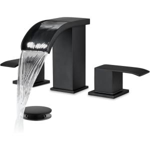 imagegotonovo Waterfall Bathroom Sink Faucet 3 Hole8 inch Widespread Bathroom Faucet Set Deck Mount 2 Handle Vanity Lavatory Faucet with Pop Up Drain and Water Supply Lines Square Body Brushed NickelMatte Black