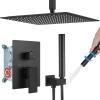 imagegotonovo Chrome Polished Ceiling Mount Shower Faucet Set 12 Inch Square Showerhead Bathroom Rainfall Shower System Shower Trim Kit 2 in 1 Cylindrical Handheld shower with Roughin ValveMatte Black