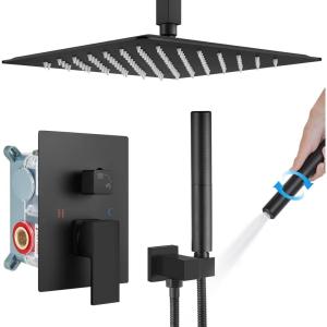 imagegotonovo Chrome Polished Ceiling Mount Shower Faucet Set 12 Inch Square Showerhead Bathroom Rainfall Shower System Shower Trim Kit 2 in 1 Cylindrical Handheld shower with Roughin ValveMatte Black