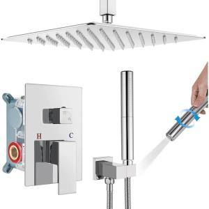 imagegotonovo Chrome Polished Ceiling Mount Shower Faucet Set 12 Inch Square Showerhead Bathroom Rainfall Shower System Shower Trim Kit 2 in 1 Cylindrical Handheld shower with Roughin ValveChrome Polished