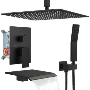 imagegotonovo Rain Shower System Rainfall Shower Head Combo Shower Faucet Set with Waterfall Bathtub Spout Handheld Shower Ceiling Mount Roughin Valve Kit Included 16quot Oil Rubbed Bronze