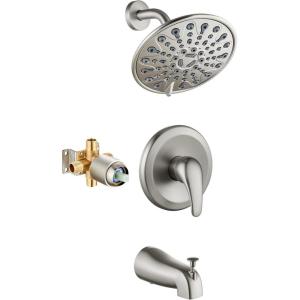 imagegotonovo Tub Shower Faucet Set Shower Head and Handle Set 6 Modes 6 inch Shower Head Kit with Tub Spout High Pressure Shower System Combo Shower Trim Kit with Valve Round Shower Head Matte BlackBrushed Nickel