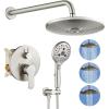 imagegotonovo Shower Trim Kit 10 Inch Round Rainfall Shower Head 3 Modes Wall Mounted with 6Functions ABS Handheld Spray Shower System Pressure Balanced Roughin Valve and Trim Included Brushed Nickel