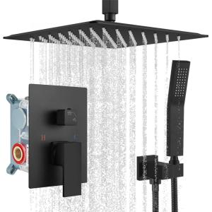 imagegotonovo Bathroom Rain Shower Combo Set Ceiling Mount with Handheld Spray High Pressure Luxury Shower Mixer Faucet with Roughin Valve Shower Trim 2 Function 10 inch Shower Head Oil Rubbed BronzeMatte Black