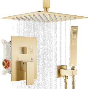 imagegotonovo Bathroom Rain Shower Combo Set Ceiling Mount with Handheld Spray High Pressure Luxury Shower Mixer Faucet with Roughin Valve Shower Trim 2 Function 10 inch Shower Head Oil Rubbed BronzeBrushed Gold