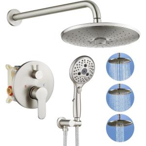 imagegotonovo Shower Trim Kit 10 Inch Round Rainfall Shower Head 3 Modes Wall Mounted with 6Functions ABS Handheld Spray Shower System Pressure Balanced Roughin Valve and Trim Included Brushed Nickel