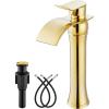 imagegotonovo Waterfall Vessel Sink Faucet for Sink 1 HoleSingle Handle Tall Bathroom Sink FaucetBrass Waterfall Bathroom Faucet Arc Body Mixer Tap with Pop Up Drain and Supply LinePolish GoldPolish Gold