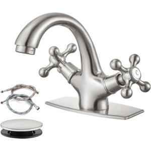 imagegotonovo Bathroom Sink Faucet Single Hole Double Cross Handle Knobs Lavatory Vessel Sink Mixer Tap Bathroom Faucet with Pop up Drain and Deck Cover Plate Polish GoldBrushed Nickel