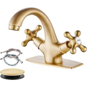 imagegotonovo Bathroom Sink Faucet Single Hole Double Cross Handle Knobs Lavatory Vessel Sink Mixer Tap Bathroom Faucet with Pop up Drain and Deck Cover Plate Polish GoldAntique Brass