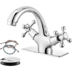 imagegotonovo Bathroom Sink Faucet Single Hole Double Cross Handle Knobs Lavatory Vessel Sink Mixer Tap Bathroom Faucet with Pop up Drain and Deck Cover Plate Polish GoldPolish Chrome