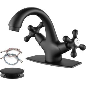 imagegotonovo Bathroom Sink Faucet Single Hole Double Cross Handle Knobs Lavatory Vessel Sink Mixer Tap Bathroom Faucet with Pop up Drain and Deck Cover Plate Polish GoldMatte Black