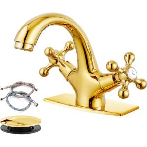 imagegotonovo Bathroom Sink Faucet Single Hole Double Cross Handle Knobs Lavatory Vessel Sink Mixer Tap Bathroom Faucet with Pop up Drain and Deck Cover Plate Polish GoldPolish Gold